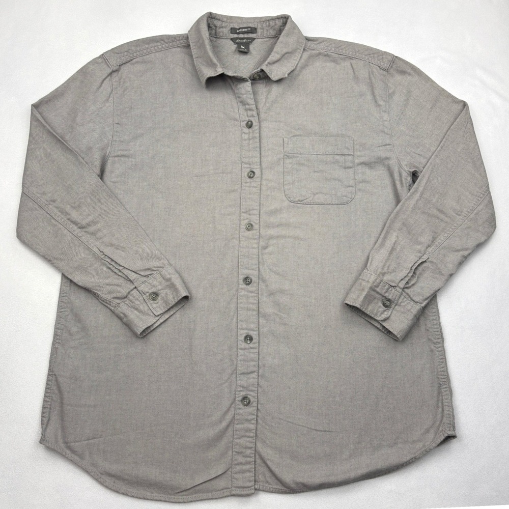 Eddie Bauer Womens Small Gray Boyfriend Fit 100% Cotton Twill Flannel Shirt S